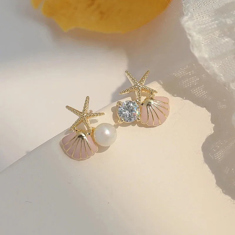 Cute Sweet Girl Metal Shell Starfish Earrings Women Summer Bohemian Beach Trip Style Fashion Birthday Party Jewelry Gift
