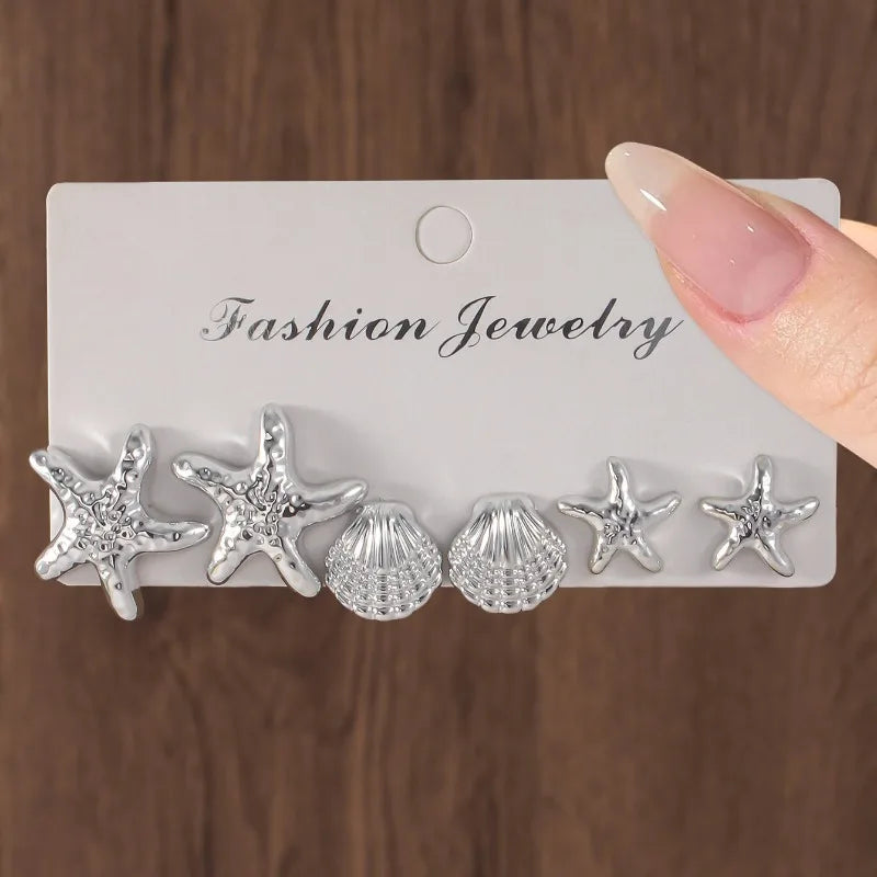 New Summer Fashionable and Simple Starfish Shell Shaped Women's Earring Set with Multiple Pairs of Combination Accessories