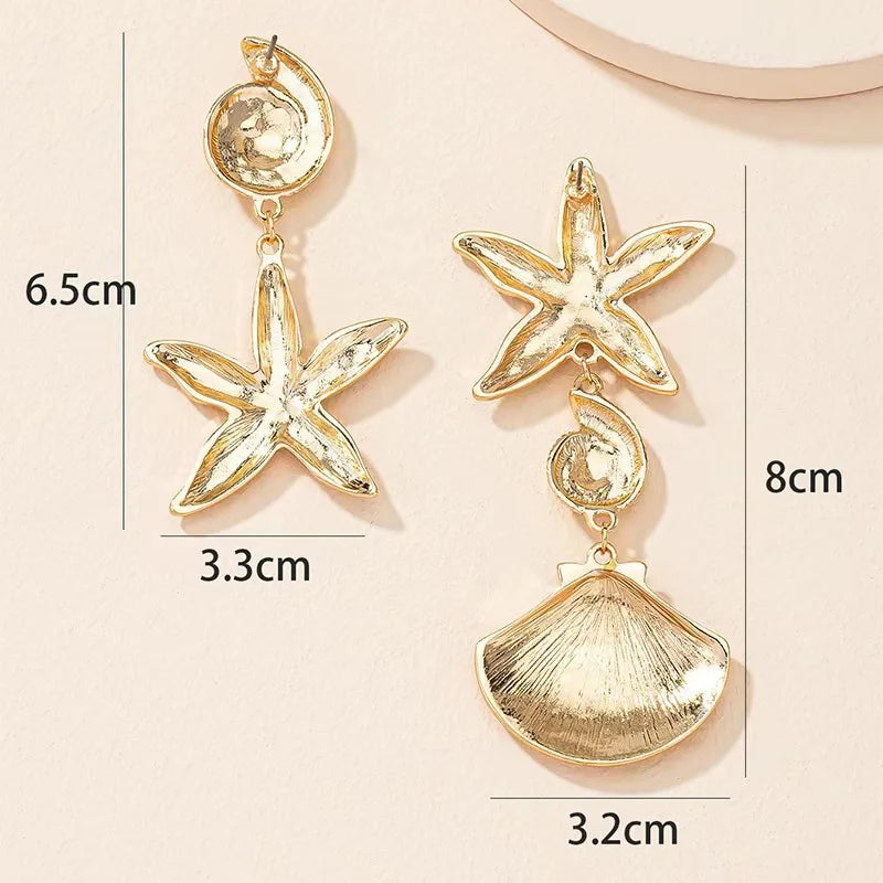 Personalized beach style Ear studs, retro exaggerated golden scallop earrings, versatile creative seashell and starfish jewelry