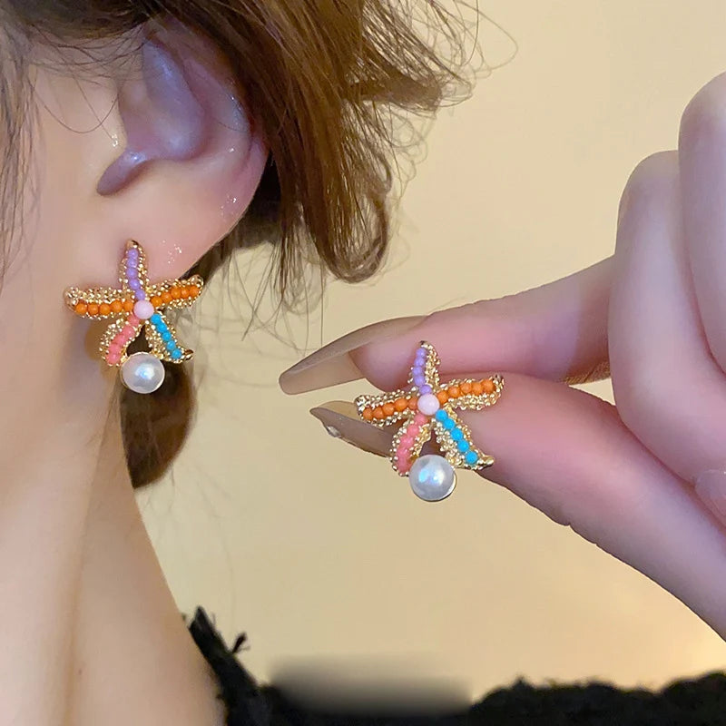 Cute Sweet Girl Metal Shell Starfish Earrings Women Summer Bohemian Beach Trip Style Fashion Birthday Party Jewelry Gift