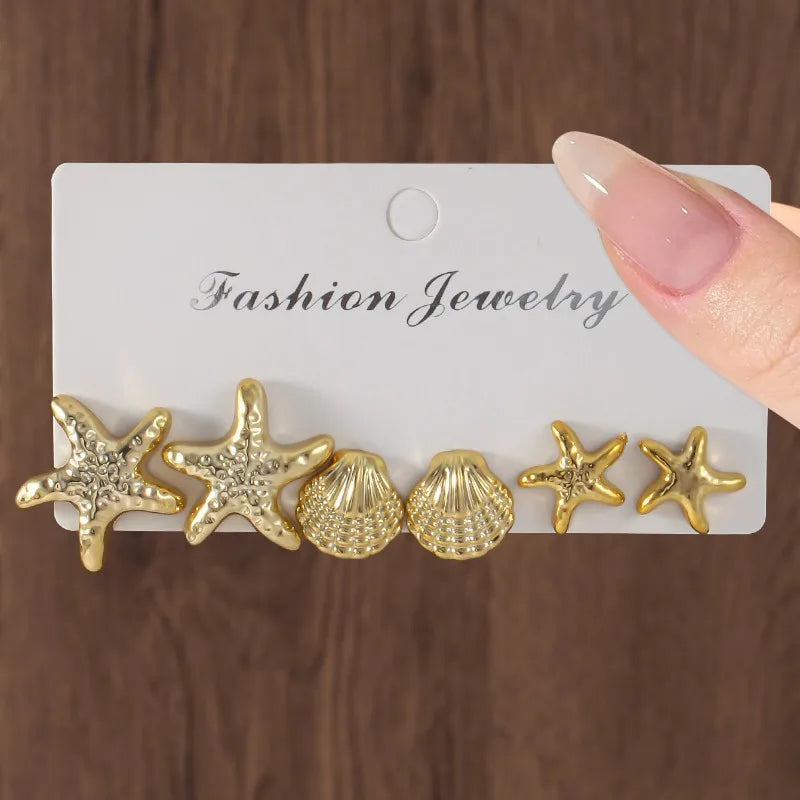 New Summer Fashionable and Simple Starfish Shell Shaped Women's Earring Set with Multiple Pairs of Combination Accessories