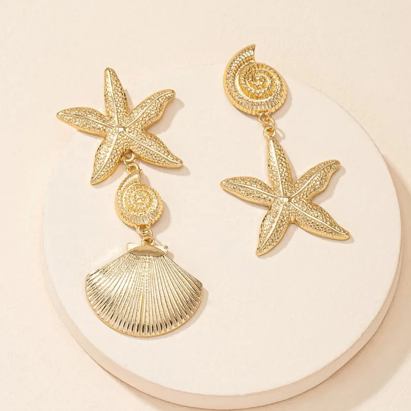 Personalized beach style Ear studs, retro exaggerated golden scallop earrings, versatile creative seashell and starfish jewelry