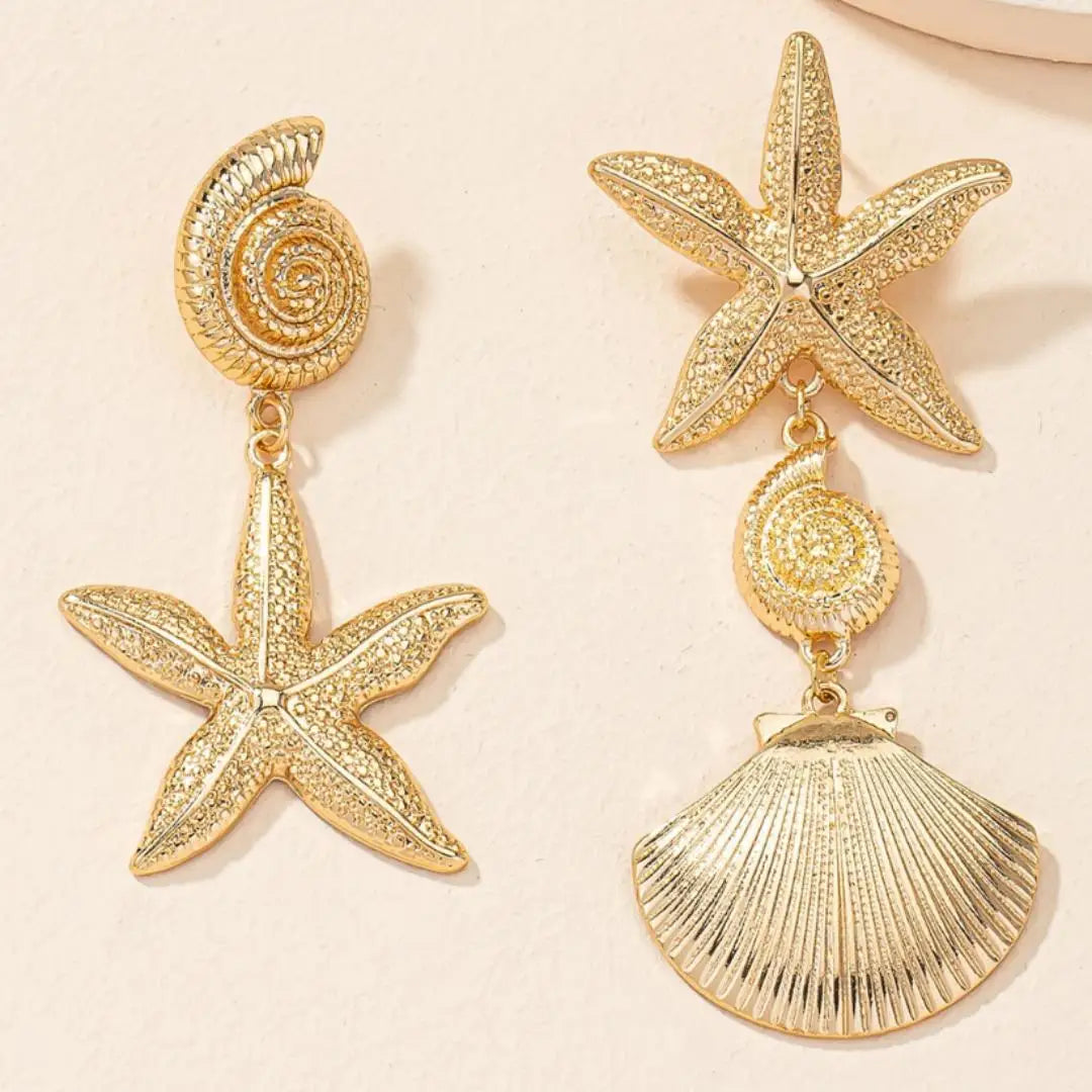 Personalized beach style Ear studs, retro exaggerated golden scallop earrings, versatile creative seashell and starfish jewelry