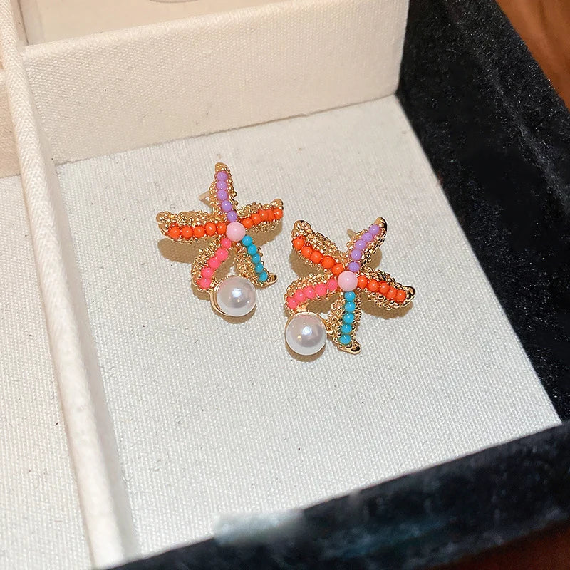 Cute Sweet Girl Metal Shell Starfish Earrings Women Summer Bohemian Beach Trip Style Fashion Birthday Party Jewelry Gift
