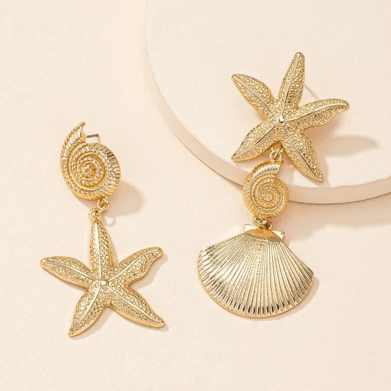 Personalized beach style Ear studs, retro exaggerated golden scallop earrings, versatile creative seashell and starfish jewelry