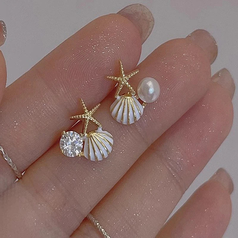 Cute Sweet Girl Metal Shell Starfish Earrings Women Summer Bohemian Beach Trip Style Fashion Birthday Party Jewelry Gift