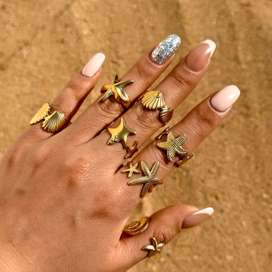 Vintage Shell Rings For Women Gold Color Stainless Steel Starfish Conch Adjustable Finger Ring Summer Ocean Beach Party Jewelry
