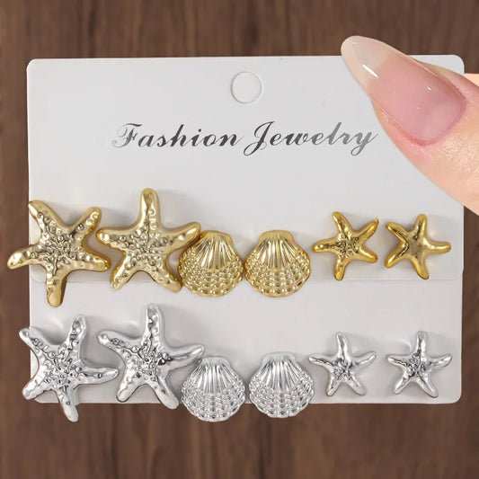 New Summer Fashionable and Simple Starfish Shell Shaped Women's Earring Set with Multiple Pairs of Combination Accessories
